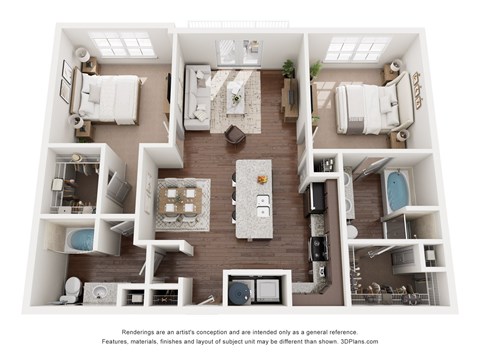 Floor plan for 2 beds, 2 baths, 1157 sqft
